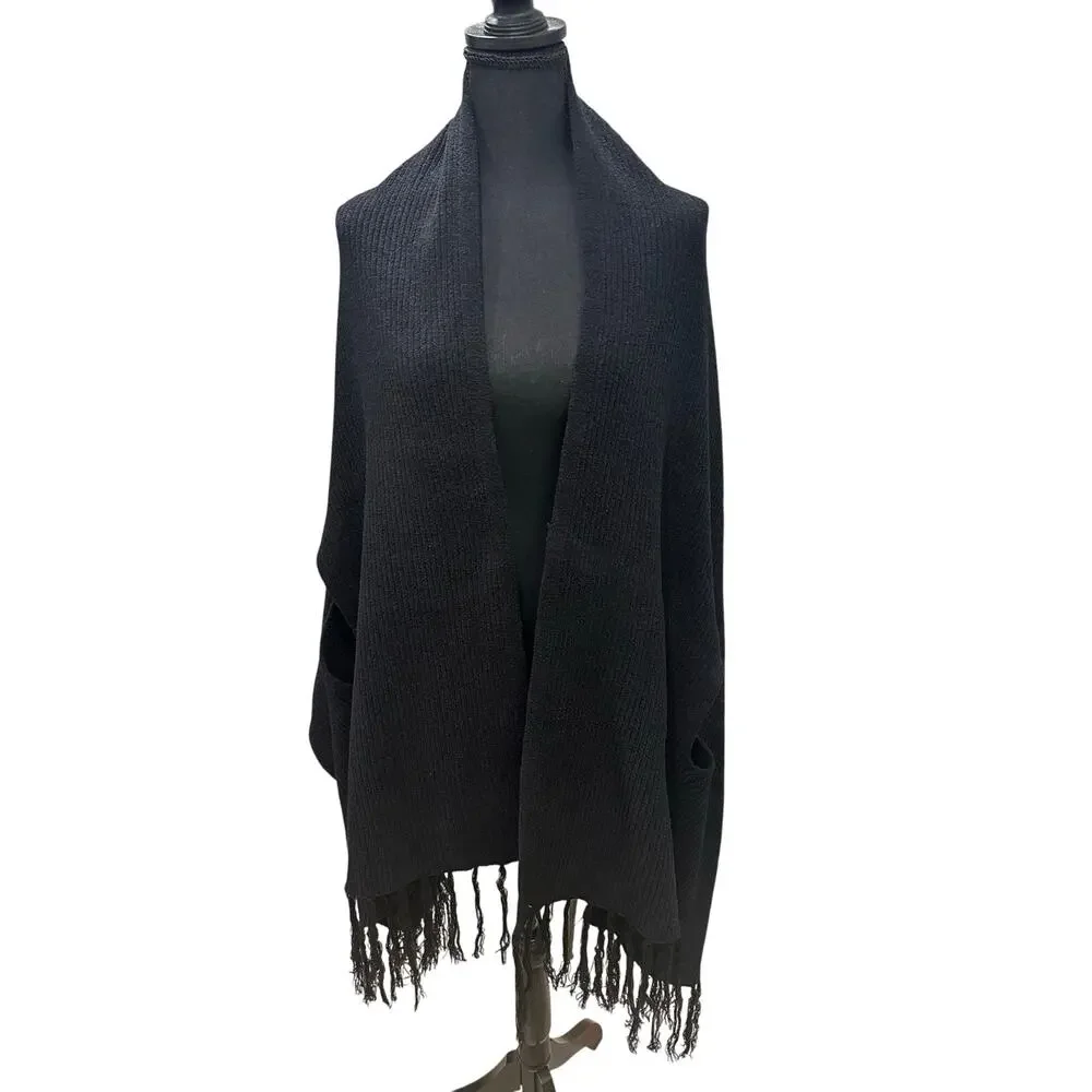 Nature EUC Black Ribbed Knit Fringe Poncho Wrap Arm Holes 70